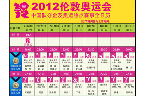 【中国队奥运赛事日程表】(图)--平阳网