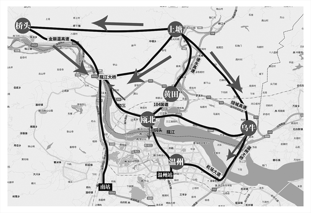 线路示意图瓯北—乌牛—温州大桥瓯北—瓯江大桥瓯北—和三